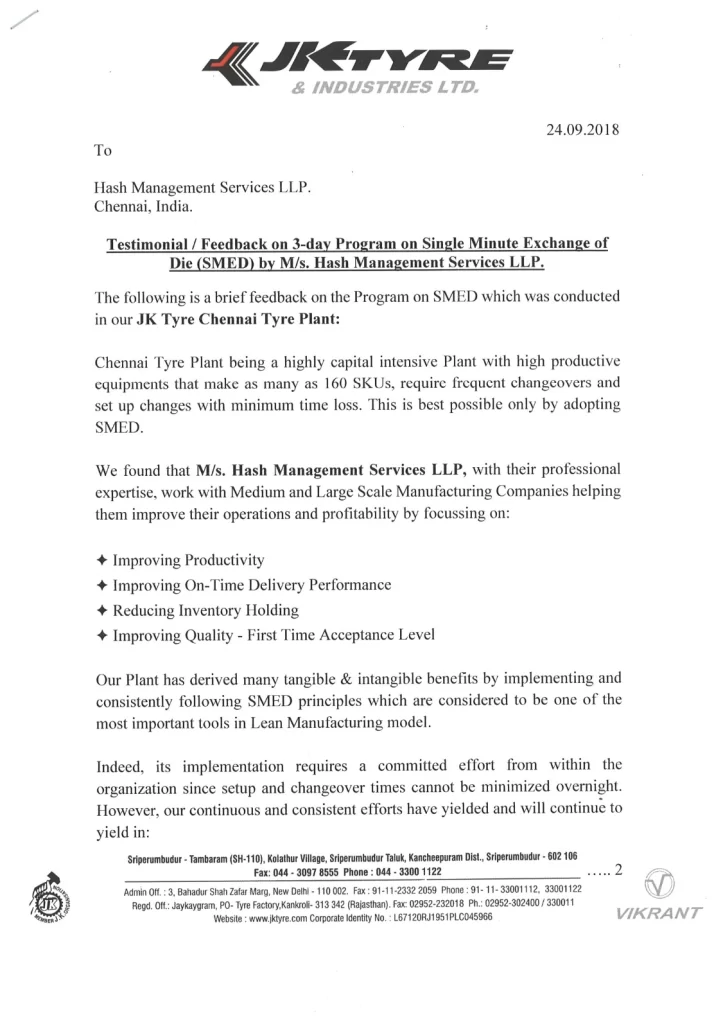 Testimonial on SMED workshop _JK Tyres