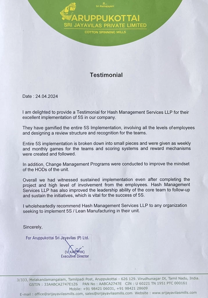 Testimonial on Lean manufacturing and 5S_Jayavilas
