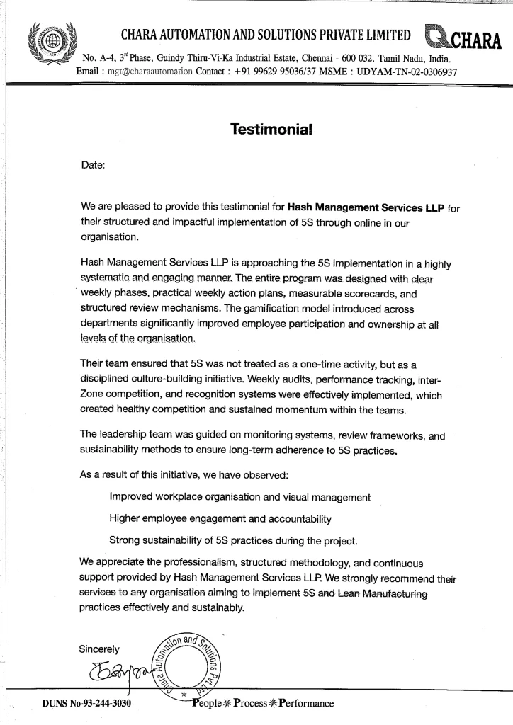 Testimonial for 5S at Chara Automation