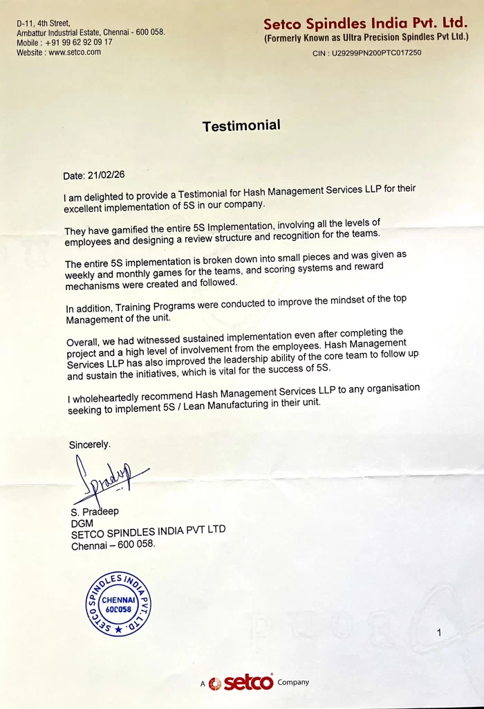 Testimonial for 5S at Setco Spindles